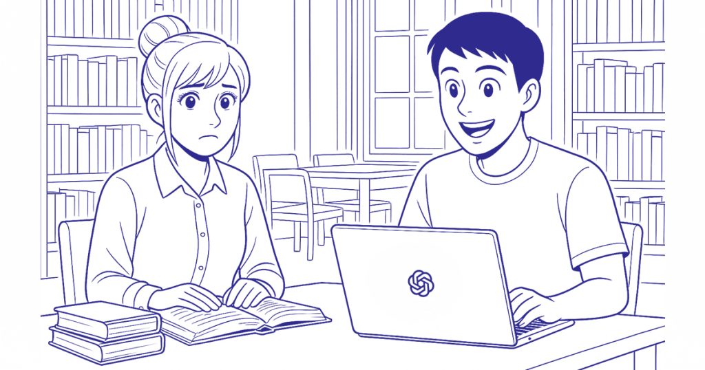 Dos estudiantes preparan oposiciones con IA en una biblioteca: el chico sonríe sorprendido al usar ChatGPT en su portátil, mientras la chica, con expresión de duda, estudia con libros abiertos. Ilustración en blanco y negro de estilo lineal, ambientada en un entorno de estudio.